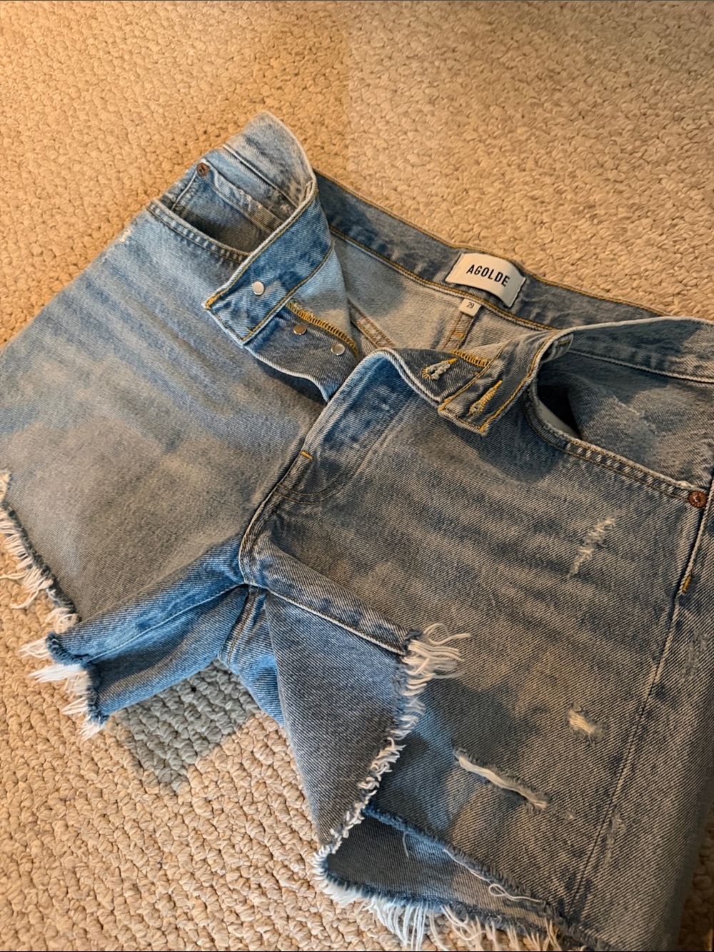 Agolde Light Blue Distressed Boyfriend Jeans Shorts